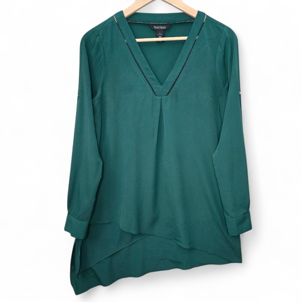 White House Black Market Top Womens 4 Green Tunic Blouse Flowy V Neck Career